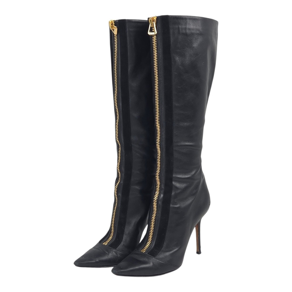 Vintage Jimmy Choo Knee High Boots 37.5 Black Leather Gold Front Zip Stiletto